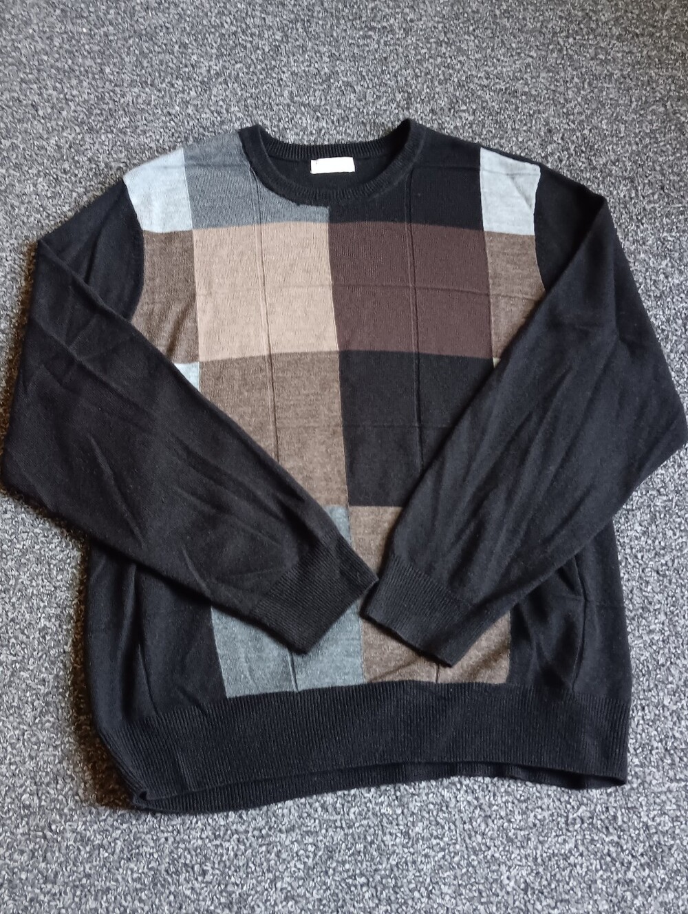 Mens Vintage Academia Dockers Geometric Check Crewneck Sweater Brown Black XL?